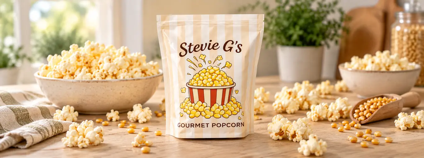 A bag of Stevie G's Gourmet Popcorn on a kitchen table with bowls of fresh popcorn